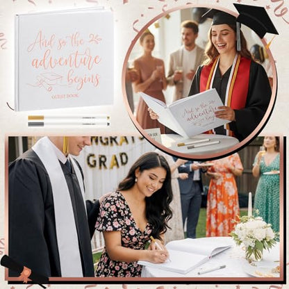 2026 Graduation Guest Book 8.7'' x 8.7" with 2 Markers Adventure Begins Guestbook Class of 2026 Picture Book Hardcover Rose Gold Foiled Photo Album for Graduation Party Supply Gifts 144 Pages - color: White, style: Motivational
