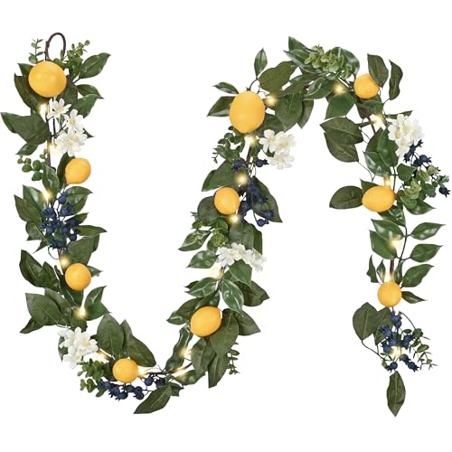 Valery Madelyn 6ft Artificial Lemon Garland for Mantel Summer Decor(Thin) | Faux Lemons Eucalyptus & Blueberry Summer Garland with Lights for Stairs Table Fireplace Farmhouse Kitchen Home Decor - size: Medium