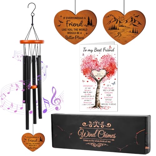 Wind Chimes for Outside for Women - 25.5" Friendship Wind Chime with Wood Plaque & Greeting Card Outdoor Garden Decor for Birthday Christmas BFF Bestie Gifts - color: Best Friend/Black