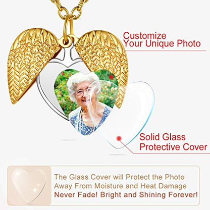 Custom4U Personalized Heart Locket Necklace with Pictures,Sunflower/Angel Wings/Heart Shaped Lockets Custom Photo,Gold/Rose Gold/White Lockets That Holds Picture,Customized Memorial Jewelry for Women - color: C-Angel Wings-Gold(Locket + Photo + Engraving)
