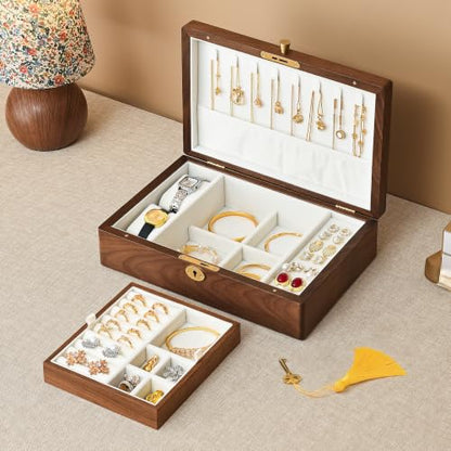 Black Walnut Wooden Lockable Jewelry Box, 2 Layer Large Organizer for Women - color: 2 Layer Large Lockable