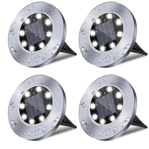 4.6 Inch Diameter Solar Ground Lights, Waterproof Solar Garden Lights, Outdoor Garden Waterproof Bright in-Ground Light, Landscape Lighting for Pathway,Yard,Lawn,Patio,Walkway (4 Pack White Light) - color: White Light, size: 4 Pack