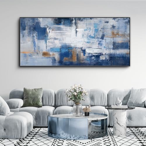 KLAKLA Living Room Wall Art - Navy Blue Abstract Large Paintings Artwork Picture Framed Canvas Bedroom Office Home Decoration Huge Art Work for Wall Decor - 70x31 Inches - color: Blue-White-Gray + Black frame, size: 70"L x 31"W