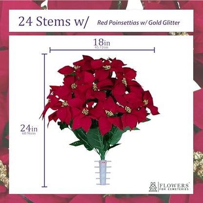 Artificial Flowers for Cemeteries - Red Poinsettias with Gold Glitter - (1) Bouquet - color: Red W Gold Glitter, size: (1) Bouquet