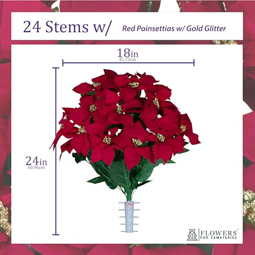 Sympathy Silks - Artificial Flowers for Cemeteries - Red Poinsettias with Gold Glitter - (1) Bouquet - color: Red W Gold Glitter, size: (1) Bouquet