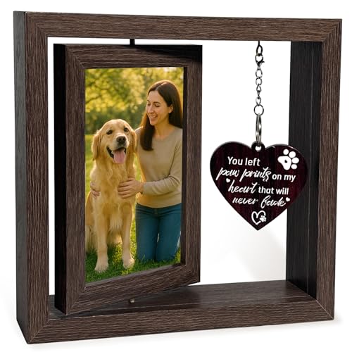 4x6 Rotating Pet Memorial Photo Frame, Double-Sided Remembrance Picture Frame, Sympathy Gift for Loss of Dog or Cat, Wooden Keepsake with Heart Charm - color: you left paw prints on my heart