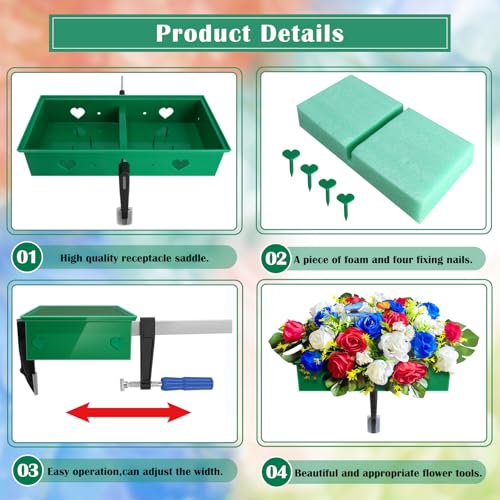 2 Pack Headstone Flower Saddle, Adjustable Cemetery Floral Holder for 3"-8" Graves, Wind-Resistant&Non-Slip Grip Tombstone Saddle, DIY Memorial Decorations (2 Set 5" to 8")