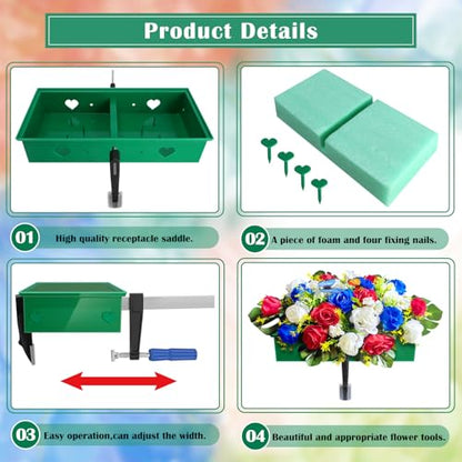 2 Pack Headstone Flower Saddle, Adjustable Cemetery Floral Holder for 3"-8" Graves, Wind-Resistant&Non-Slip Grip Tombstone Saddle, DIY Memorial Decorations (2 Set 5" to 8")