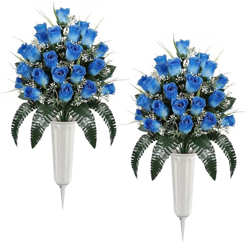 Lewondr Artificial Cemetery Flowers with Vase for Grave, Blue Roses, 2 Pack - color: Blue