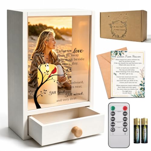 Sympathy Gift Loss of Loved One, Memorial Frame LED Candle Drawer 5x7 White | Photo frame, LED timer candle, storage drawer. Solid pine wood, shatterproof acrylic. For home, funeral, remembrance table. - color: White