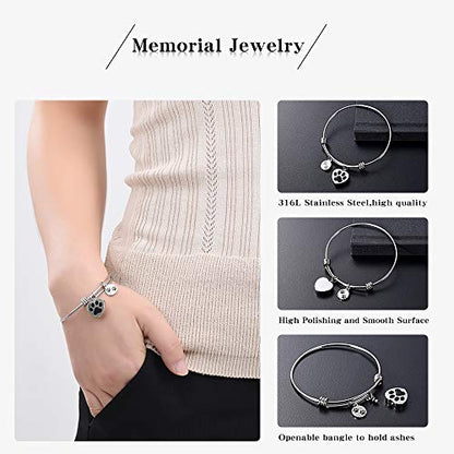 Always in My Heart Expandable cuffCremation Bracelet for Ashes Dog Cat Paw Prints Pet Memorial Urn Jewelry - color: Steel