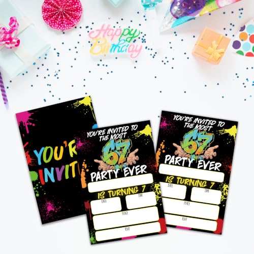 Gamer 7th Birthday Invitation Cards with Envelopes, 20 Pack 4x6 Fill-In Party Invites for Boys Girls, Neon Kids Birthday Party Supplies - B06 - color: 6 7 Gamer
