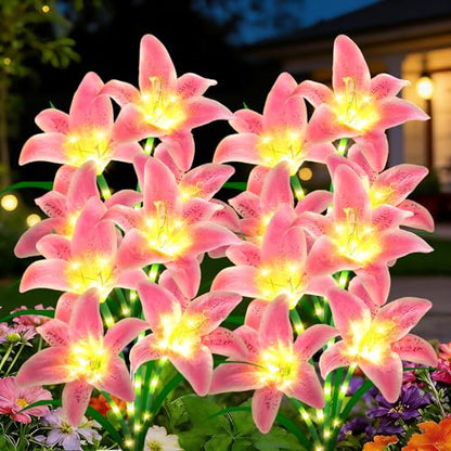 Solar Lights Outdoor, Gift For Women Mom Grandma Wife Daughter Friends, 4 Pack 16 Solar Pink Lily Flower Lights, Solar Flower Lights Waterproof, Outside Decor Stake Light for Landscape Yard Patio Lawn - style: Solar Pink Lily