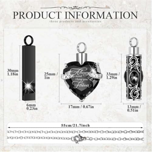 MTLEE 3 Pieces Cremation Urn Necklace for Ashes Vertical Bar Zircon, Heart Crystal Necklace Urn Stainless Steel Waterproof Memorial Pendant - color: Black Zircon