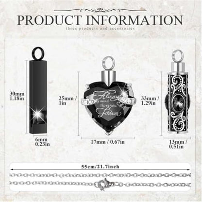 MTLEE 3 Pieces Cremation Urn Necklace for Ashes Vertical Bar Zircon, Heart Crystal Necklace Urn Stainless Steel Waterproof Memorial Pendant - color: Black Zircon