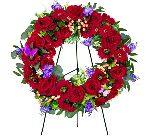 Cemetery Wreath for Grave, Red Roses Memorial Wreath with 30 Inch Easeal Stand, Fade-Resistant