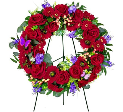 Cemetery Wreath for Grave, Red Roses Memorial Wreath with 30 Inch Easeal Stand, Fade-Resistant