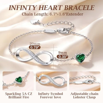 CDE 925 Sterling Silver Infinity Birthstone Bracelet Jewelry Gift for Women | Hypoallergenic,Non Tarnish,Heart CZ,Nickel-Free & Lead-Free,Anniversary Christmas Birthday Idea Gifts for Wife Girlfriend Her - color: 05-May