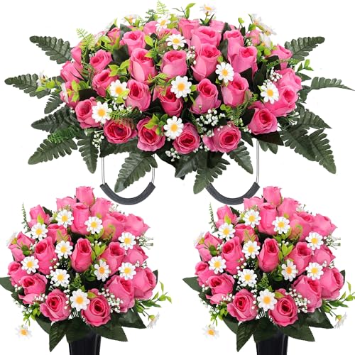 Wocst 3Sets Cemetery Decorations for Grave Large Headstone Flower Saddle Grave Silk Flowers with Vases for Outdoor Grave Decoration(Pink) - color: Pink, size: 2 Bouquet and 1 Saddle