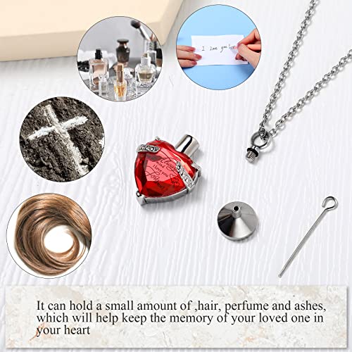 MTLEE 3 Pieces Cremation Urn Necklace for Ashes Vertical Bar Zircon, Heart Crystal Necklace Urn Stainless Steel Waterproof Memorial Pendant - color: Red Zircon