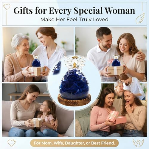 Preserved Rose Eternal Flower in Glass Angel Figurine Real Forever Rose with LED Lights Angel Gifts for Women Birthday Mother's Day Valentine's Glass Dome Blue Sapphire - color: Deep Sapphire Blue