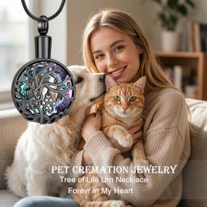 zeqingjw Pet Cremation Jewelry Tree of Life Urn Necklace for Ashes for Dog/Cat Funeral Ashes Keepsake Paw Print Urn Pendant Memorial Jewellery - color: Black-Purple