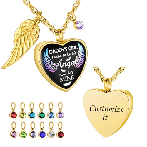 Dletay Heart Urn Necklace for Ashes Birthstones Cremation Jewelry for Ashes Stainless Steel Ash Necklace Memorial Ash Holder - color: Gold-Custom