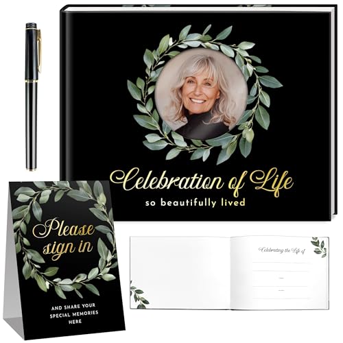 Premium Quality Gold Stamping Matt Hard Cover Funeral Guest Book, Celebration of Life Guest Book 96 Pages 120GSM Quality Paper W/Photo Cut Out, Table Sign and Elegant Black Pen Included