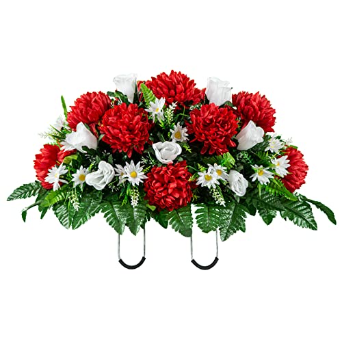 Artificial Cemetery Flowers - Outdoor Grave Decorations - Christmas Decor - 1 Red Mum and White Rose Saddle for Headstone - color: Red, size: 1 Saddle