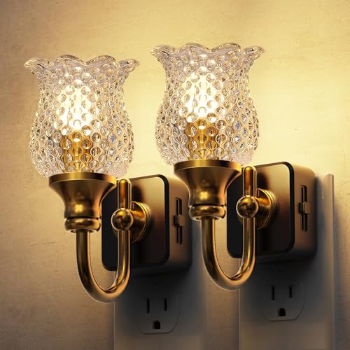 L LOHAS LED Night Light,Decor Night Lights Plug into Wall | 2 Pack 3000K Soft White LED Floral Night Lights with Auto Sensor, 0-100lm Adjustable Brightness, for Hallway Bedroom Stairway - color: Gold Ring-Spotted flower 3000K, size: 2 Pack