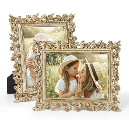 Vintage Gold 4x6 Picture Frame for Portrait Wedding Snapshot,2 Pack | Durable Resin Material,Tabletop & Wall Display,Real Glass,Rose Floral Design,Antique Brass Finish,Wedding Arrangement Decor - color: Gold, size: 4x6"
