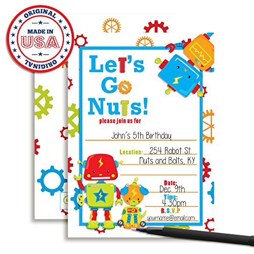 Robot Birthday Party Invitations, 20 5x7 Fill In Cards with Twenty White Envelopes by AmandaCreation … - style: Robot