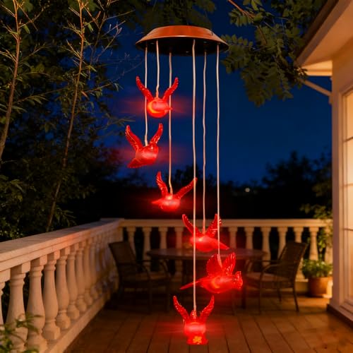 Cardinal Solar Wind Chimes, Cardinal Red Bird Solar Lights Outdoor | Mobile Hanging Wind Chimes for Outside Garden Yard Patio Porch Party Decor, Birthday Gardening Gifts for Mom Women Grandma