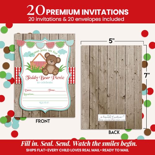 Teddy Bear Picnic Birthday Party Invitations, 20 5x7 Fill In Cards with Twenty White Envelopes by AmandaCreation - style: Teddy Bear Picnic