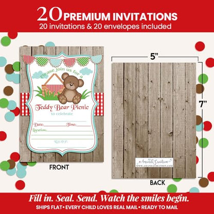 Teddy Bear Picnic Birthday Party Invitations, 20 5x7 Fill In Cards with Twenty White Envelopes by AmandaCreation - style: Teddy Bear Picnic