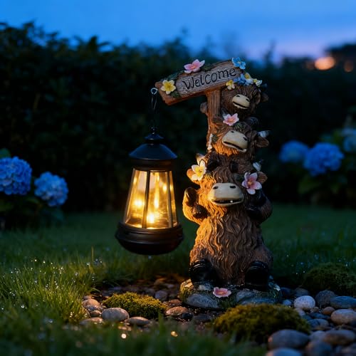 Solar Garden Statues Highland Cow Outdoor Decor Resin Highland Cow Figurine with LED Light Outside Lawn Yard Patio Balcony Gifts for Mom Women - size: 6*5*11 in