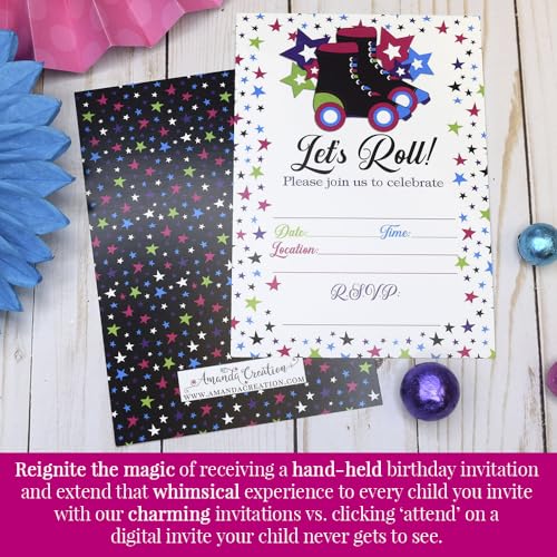Let’s Roll Star Roller Skating Birthday Party Invitations, 20 5x7 Fill In Cards with Twenty White Envelopes by AmandaCreation - style: Let’s Roll Star Roller Skating