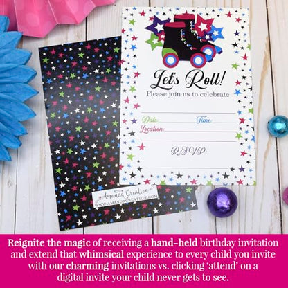 Let’s Roll Star Roller Skating Birthday Party Invitations, 20 5x7 Fill In Cards with Twenty White Envelopes by AmandaCreation - style: Let’s Roll Star Roller Skating