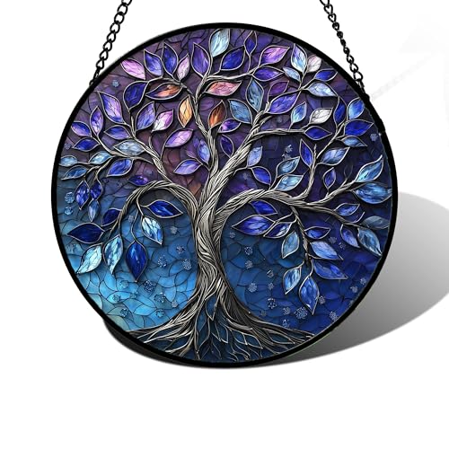 DASTOLL Stained Glass Window Hanging, Blue Purple Tree of Life Sun Catchers Colorful Glass Panel Plants Suncatcher Decor for Birthday for Women,Men,Wife, Lovers, and Mom 9.8 in - color: Blue Purple, size: 9.8x9.8 IN