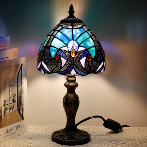 Small Tiffany Stained Glass Table Lamp,Green | Mini Desk Accent Light, Bedroom Bedside Reading, Antique Style Decor, 8X15 Inches - color: Green