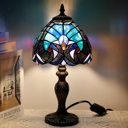 Small Tiffany Stained Glass Table Lamp,Green | Mini Desk Accent Light, Bedroom Bedside Reading, Antique Style Decor, 8X15 Inches - color: Green