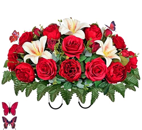 Cemetery Flower Saddle for Grave Decorations, Headstone Flower Saddle - Red Camellia Rose White Lily, Non-Bleed Colors