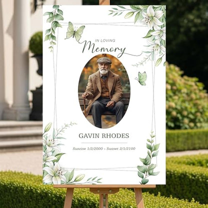 Personalized Celebration of Life Welcome Sign with Photo, Obituary Welcome Sign with Name and Date, Celebrating a Beautiful Life Butterfly Flower Tribute, Butterfly Flower Remembrance Decor, Custom Funeral Welcome Sign (Edition 7) - color: Edition 7
