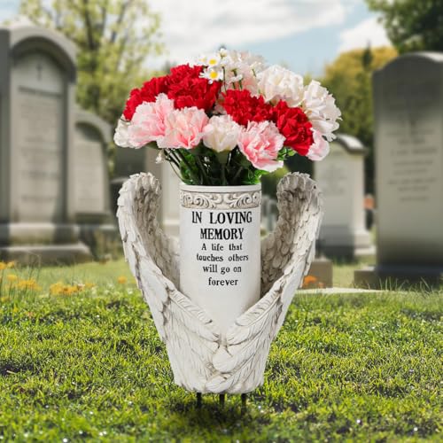 Lewondr Cemetery Vase for Grave, Angel Wing Vases with Spikes | Waterproof Memorial Flower Holder for Tomb Headstone Grave Decoration, Sympathy Gifts for Loss of Loved One, White - color: White