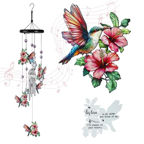 YU FENG Hummingbird Memorial Wind Chime, Crystal Suncatcher Garden Decor - style: Pink Garden – Hummingbird – 27 Inch