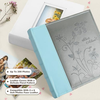 Photo Album Hold 200 4x6 Photos with Memo Writing Space (Grey&Light Blue) - color: Grey & Light Blue