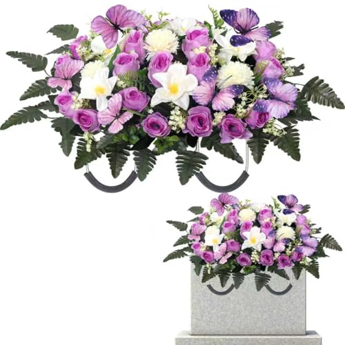 Cemetery Flowers for Grave Large Headstone Flower Saddle Rose & Butterfly Grave Flowers for Cemetery Decoration (Purple) - color: Purple