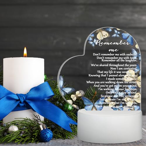 Coume Memorial Gift Night Light Clear Crystal Acrylic Heart Sympathy Gifts Sign LED Light Remembrance Bereavement Decor Condolence Present for Loss of Loved One (Blue Butterfly Style) - style: Blue Butterfly Style