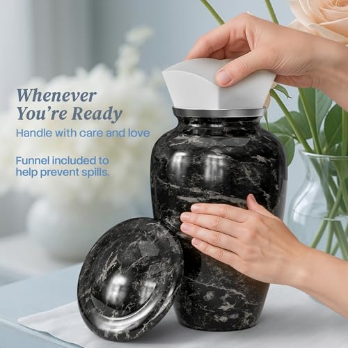 Cremation Urns for Human Ashes Adult Female & Male - Large (10.5H x 6.25W) | Handcrafted Urn for Human Adult Man & Woman - Decorative Funeral Urns - Memorial Urn with Black Marble Finish - size: Large, style: Black Marble Finish