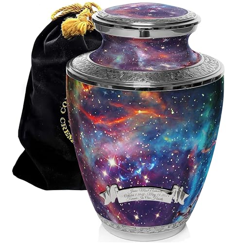 Cosmic Galaxy Cremation Urns for Human Ashes Adult Female Urns for Ashes | Large Galaxy Cremation Urn for Ashes Adult Female & Male, Metal, Threaded Lid, Felt Bottom - color: Galaxy - Engraved Ribbon, size: Large
